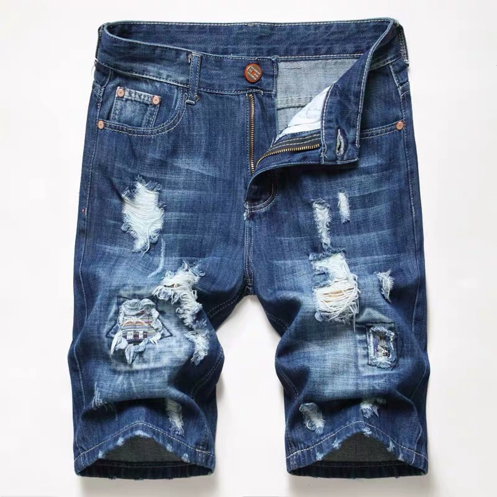 NEW #F390 Blue Star Patch Distressed Denim Shorts